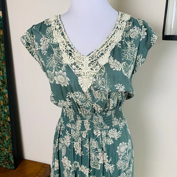 Vintage XL Floral Midi Dress Green Crochet Ruffle Flowy Hem Boho Lightweight - Picture 5 of 12